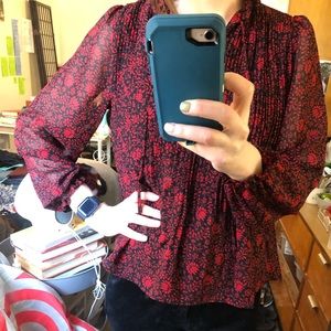 Mango Pleated Black & Red Floral Blouse with Sheer Long Sleeves - Size Small